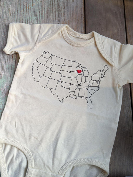 Wisconsin Heart Map Onesie - Natural